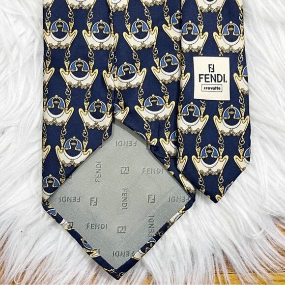 FENDI Men's Classic Silk Tie Blue And Gold One Size - Picture 4 of 5